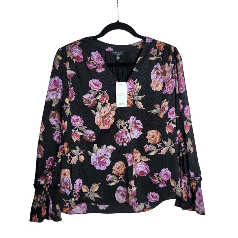 Current Air Los Angeles Black Floral V-Neck Smocked Cuff Blouse  Small